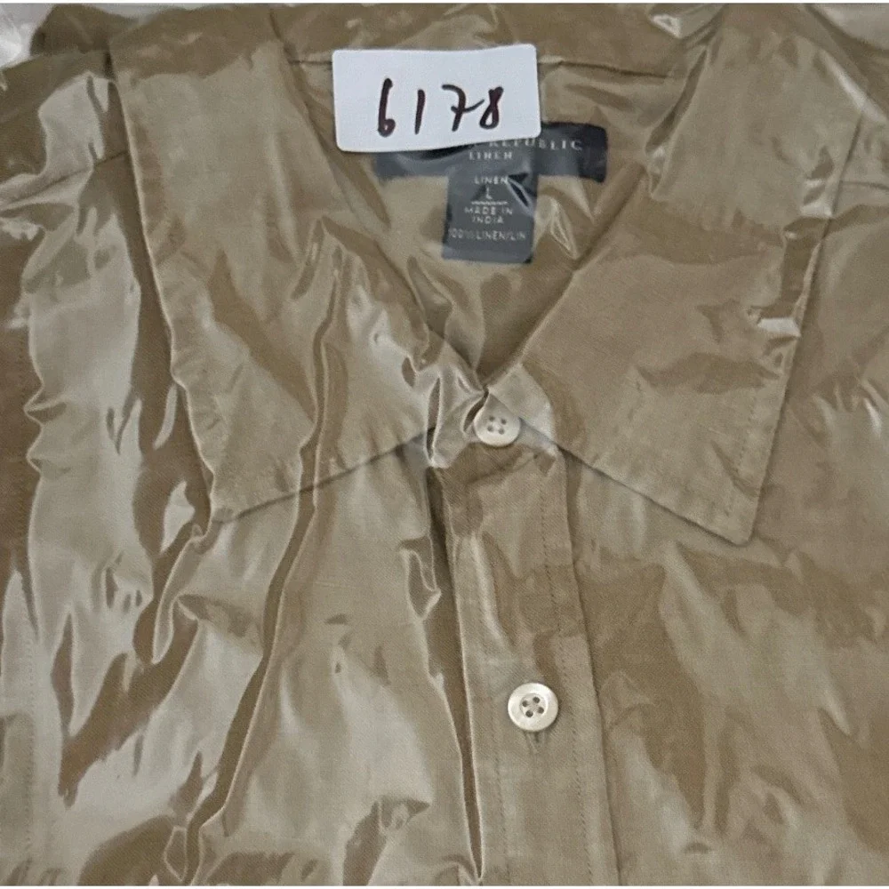 Vintage Banana Republic Linen Shirt Mens L Tan Short Sleeve Safari Pintuck Money
